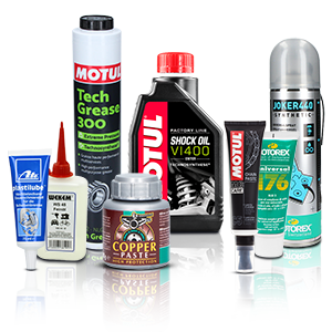Verschiedene Schmierstoffe wie Kupferpaste, Mehrzweckfett, Stoßdämpferöl und Sprays.